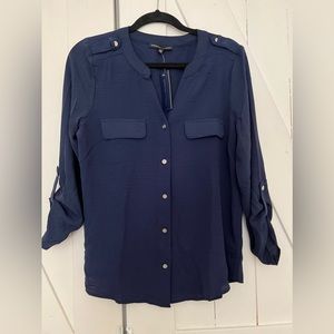 Adrienne Vittadini Navy Blue Blouse with gold buttons. Size Small